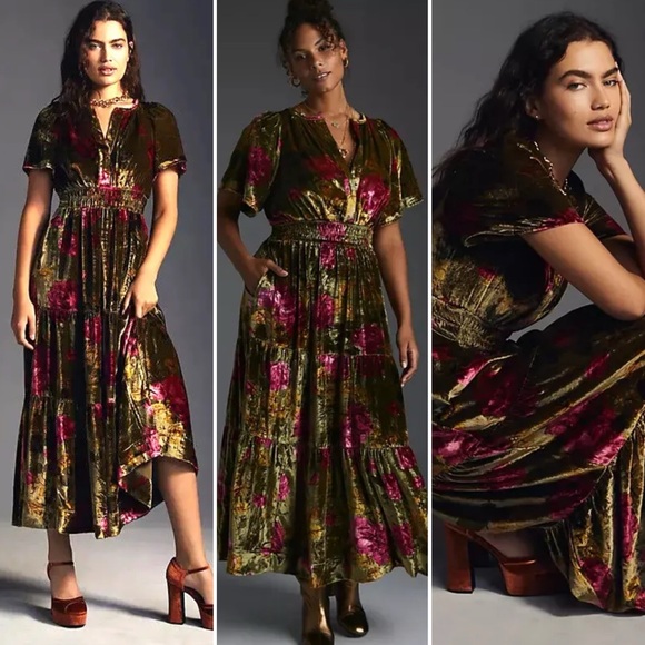 Anthropologie Dresses & Skirts - Anthropologie Somerset Maxi Velvet Dress Long Tiered Green Floral NWOT